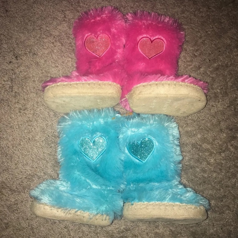 Pink & Blue fuzzy slippers 4-5T